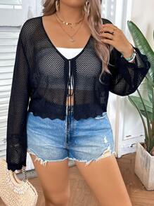 SHEIN VCAY Plus Size Women's Vacation Crop Cardigan Top - Black - View 3