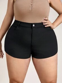 SHEIN CURVE+ Shorts Sensuais de Verão em Cor Sólida com Elástico e Caimento Justo em Denim para Tamanhos Grandes - Preto - Ver 5