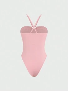 SHEIN Unity Women's Summer Solid Color Halter Bodysuit - Pink - View 2