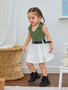 SHEIN Baby Girl Sleeveless Top With Pleated Skirt And Belt Set, Spring/Summer - Green - View 4