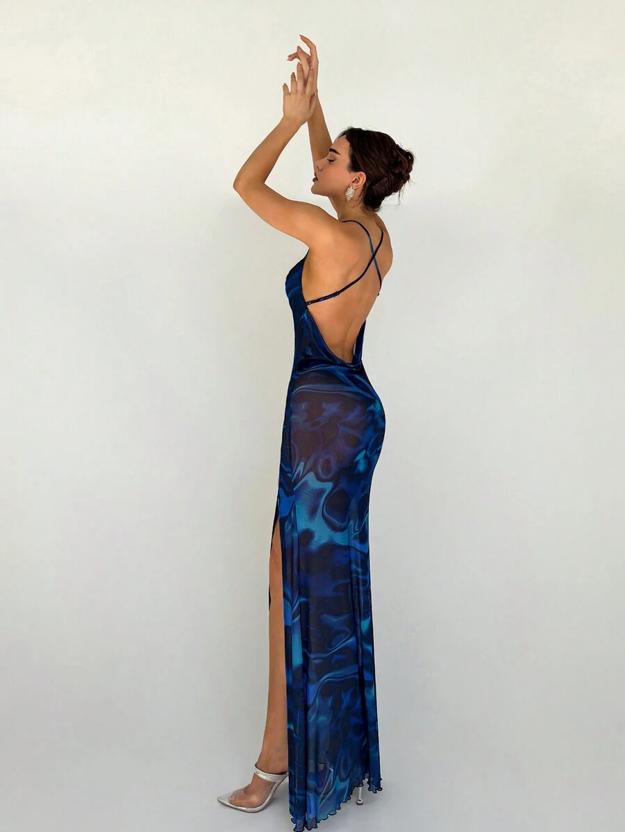 Aloruh Vestido ceñido de malla traslúcida con cuello asimétrico drapeado, estampado de teñido anudado, aberturas laterales altas, perfecto como vestido de portacostillas para vacaciones