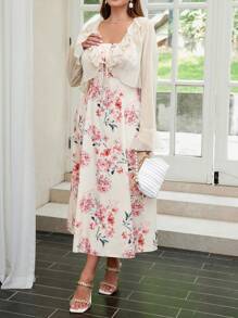 SHEIN Privé Summer Elegant And Romantic Pink Floral Printed Strappy Waist-Cinched Swing Dress + Solid Color Ruffled Edge Plus Size Women's Cardigan Two-Piece Set, Suitable For Dating, Traveling, Daily Wear, And Shopping - Baby Pink - View 1