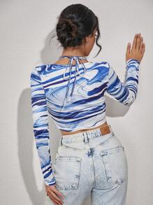 Zolique Women's Striped Printed Hollow Out Long Sleeve Slim Sexy Crop Top For Spring And Summer - Blue and White - View 2