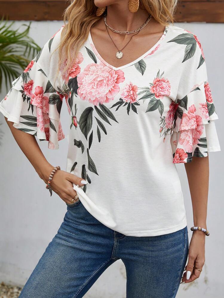 Floral Print V-Neck Ruffle Sleeve Women's Casual Summer T-Shirt