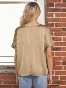 SHEIN LUNE 夏季休閒簡約職業裝母親節金屬女襯衫 - 金色 - 查看 2