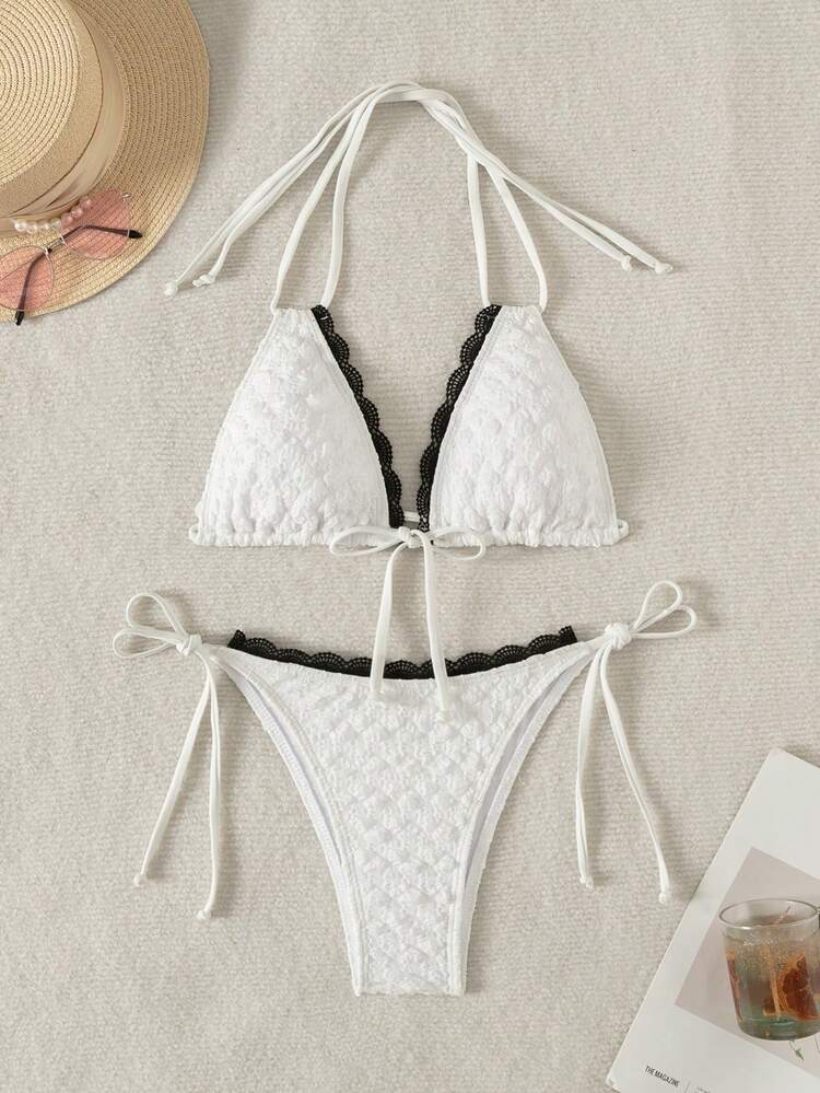 Women's Color-Block Halter Neck Tie Sexy Bikini Set For Summer Vacation