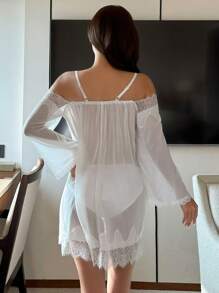 DAZY Mesh And Contrast Lace Sexy Lingerie Nightgown With Spaghetti Straps And Off-Shoulder Sleeves, For Summer