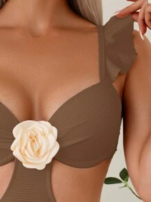 Women's One-Piece Swimsuit With 3D Flower Decoration, Solid Color And Simple Style For Daily Wear Summer - Coffee Brown - View 3