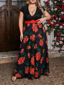 Women Plus Size Elegant Floral Print Patchwork Dress For Spring And Summer - Red - View 5