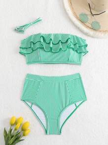 Swim Mod Women Thin Stripe Ruffle Trim Bandeau Bikini Set - Green - View 6