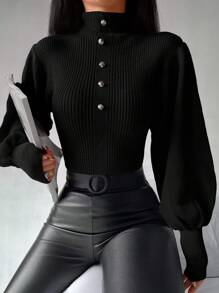 EURMUSE Jersey de cuello alto de manga farol - Negro - Ver 5