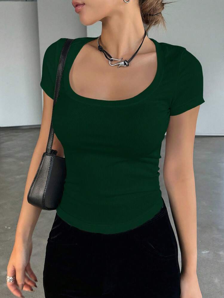 Women's Summer Solid Color Slim Fit Round Neck Short Sleeve T-Shirt