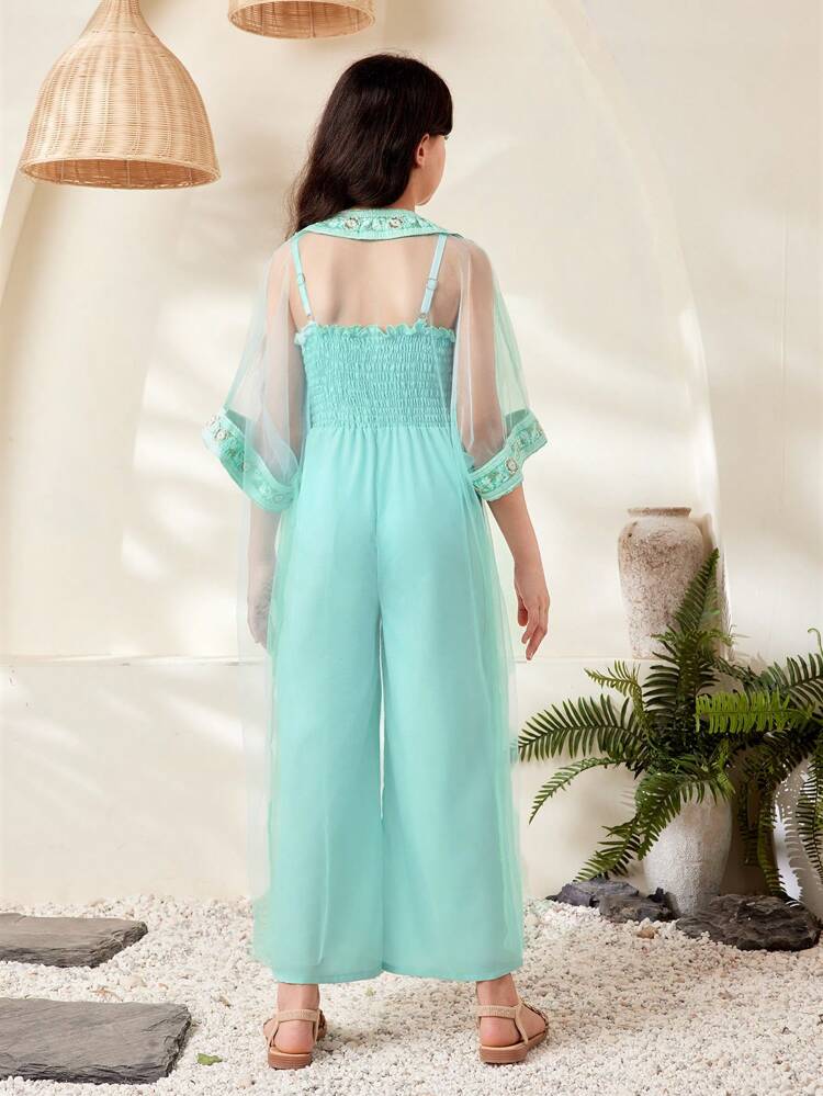 Tween Girl Embroidered Coat And Jumpsuit Set With Long Pants,  Style