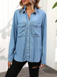 SHEIN LUNE 女士休闲长袖贴袋春夏衬衫、长袖上衣 - 淺色水洗藍 - 查看 6