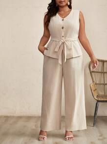 SHEIN Frenchy Plus Size Solid Color Sleeveless Top And Wide Leg Pants Two Pieces Set For Vacation And Leisure - Khaki - View 6
