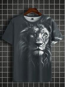 Manfinity LEGND 男士獅子印花短袖t恤,夏季休閒 - 深灰色 - 查看 6