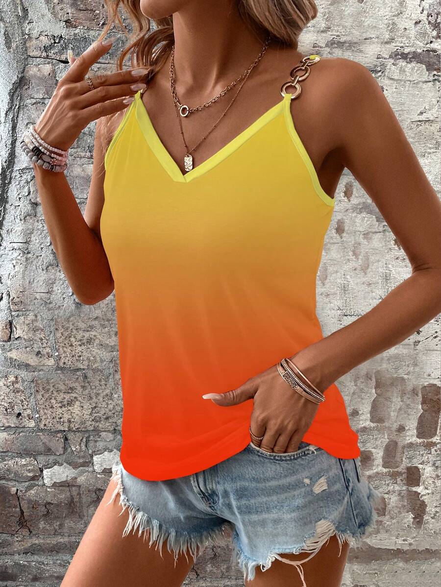 SHEIN LUNE 假日休闲渐变金属装饰吊带背心图案T恤女式上衣 - 彩色 - 查看 1