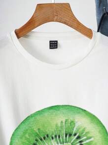 SHEIN EZwear Oversized White Round Neck Short Sleeve Casual Graphic Kiwi Fruit T-Shirt For Women, Pullover Cotton Top, Suitable For Summer - White - View 4