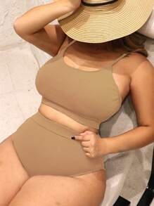 SHEIN Swim Curve Bộ bikini cổ tròn màu trơn dành cho nữ có kích thước lớn với chi tiết khoét rỗng cho kỳ nghỉ ở bãi biển - màu nâu - Xem 1