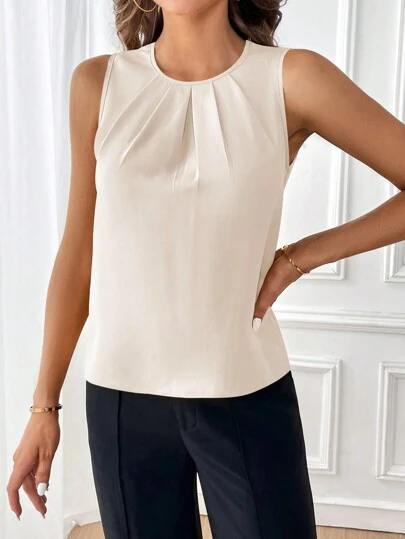 SHEIN Clasi 여성 여름 캐주얼 솔리드 컬러 플리츠 민소매 블라우스, 민소매 탑
