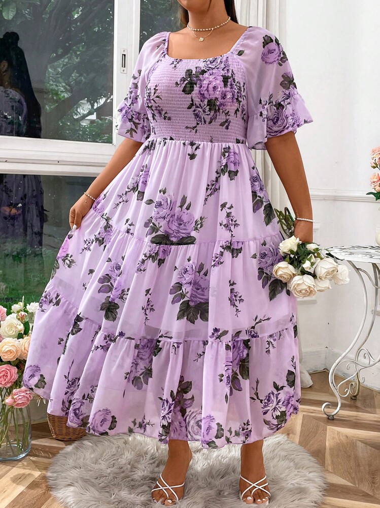 SHEIN LUNE 大码女式波西米亚风方领花卉雪纺轻质长裙女装，适合夏季 - 紫色 - 查看 4