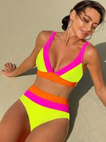 SHEIN Swim Color Block Lace-Up Sexy Neon Bikini Set Bathing Suit For Women,Summer Beach - Multicolor - View 3