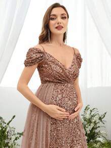 Pregnant Women Off-Shoulder Contrast Color Mesh Sequin Elegant Party Dress - Khaki - View 4