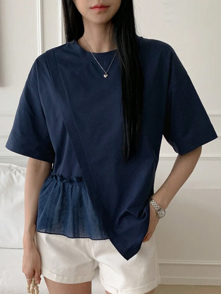 Women's Summer Solid Color Printed Short Sleeve Casual T-Shirt With Mesh Hem