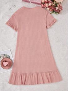 SHEIN Vestido de pijama rosa con estampado de corazones para mujer, cuello redondo, manga corta y dobladillo de volantes, 1 pieza de ropa para estar en casa