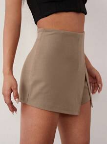 EURMUSE Solid Split Front Skort - Khaki - View 4