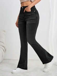 SHEIN Tall Pantalones vaqueros acampanados casuales para mujer con parches, agujeros rasgados y dobladillo deshilachado - Negro - Ver 6