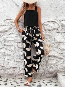 Breezaya Damen einfarbige Camisole Top und geometrisch bedruckte weite Beinkleider lose lässige Urlaub zwei Stück Set