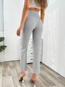 RueChic Solid Button Detail Slim Fit Trousers - Light Grey - View 2