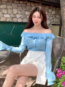 DAZY Women's Elegant Solid Color Off Shoulder Ruffle Hem Flare Sleeve Shirt, Spring/Summer Long Sleeve Top