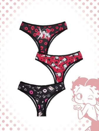 Betty Boop | ROMWE Cartoon And Lips Print Lace Trim Triangle Panties Set