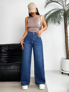 SHEIN EZwear Quần jean ống đứng thông thường dành cho nữ, denim đã giặt - Màu xanh lam - Xem 3