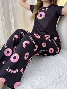 Conjunto de pijama de manga corta y pantalón largo con estampado de rosquilla de dibujos animados para primavera/verano