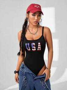 SHEIN EZwear 女性時尚修身美國國旗印花吊帶連體衣