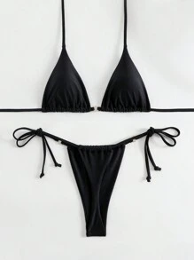 Sweetra Bộ Bikini Băng Thông Màu Trơn Dành Cho Nữ, Bộ Bikini Gợi Cảm Cho Kỳ Nghỉ, Bãi Biển Mùa Hè - màu đen - Xem 2