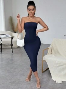 SHEIN SXY Summer Sexy Solid Color Bodycon Strapless Dress,Prom Dress - Navy Blue - View 6