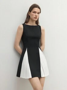 BizChic 女士优雅通勤黑白撞色无袖连衣裙，返校装 - 黑色 - 查看 5