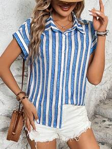 SHEIN LUNE Women's Striped Print Drop Shoulder Short Sleeve Shirt - Blue and White - View 4