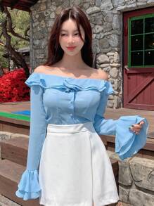 DAZY Women's Elegant Solid Color Off Shoulder Ruffle Hem Flare Sleeve Shirt, Spring/Summer Long Sleeve Top