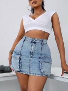 SHEIN SXY Plus Size Solid Color Denim Pencil Skirt With Pocket For Summer - Medium Wash - View 4