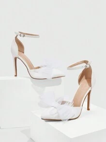 CUCCOO HITCHD 性感蝴蝶结花朵高跟鞋，适合婚礼和约会万圣节 - 白色 - 查看 7