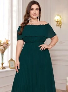 Modelyn Plus Size Elegant Solid Color Off-Shoulder Long Dress With Waist Belt For Summer - Dark Green - View 5