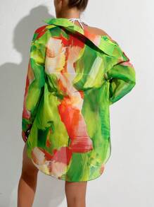 SHEIN Swim Women Allover Print Full Button Front Long Sleeve Kimono Cover Up With Collar,Summer Beach