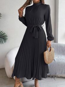 Vestido plisado de línea A con lazo para mujer, elegante y casual negro para primavera/verano - Negro - Ver 5