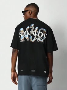 SUMWON 常规版型泡泡背图案印花短袖 T 恤 - 黑色 - 查看 1