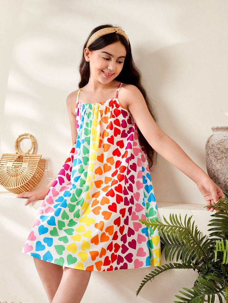 Holiday,Summer,TravelTween Girl Heart Print Casual Strap Dress - Multicolor - View 1